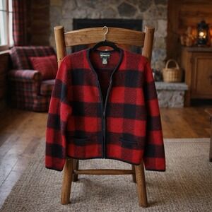 Vintage Requirements Womens Size L Full Zip Wool Sweater Red Black Buffalo Plaid